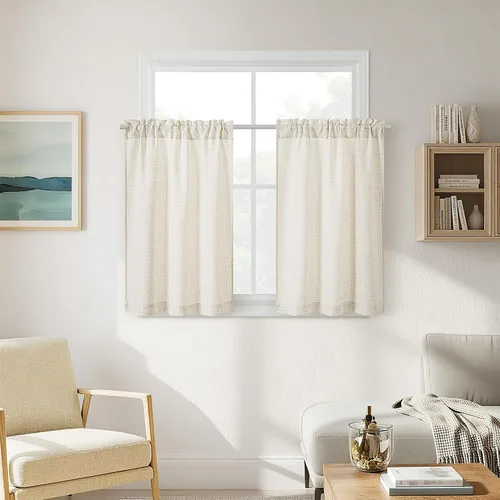 Vista 43 de Cortinas de cocina de lino semitransparente beige de 24 pulgadas de largo, 2 paneles Cream, Cafe Short Curtains, for Bathroom Small Windows, Light