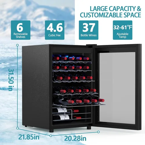 Vista 2 de COWSAR Refrigerador de Vino de 37 Botellas, Refrigerador Comercial de Bebidas Independiente con Control Inteligente de Temperatura, Mini Negro