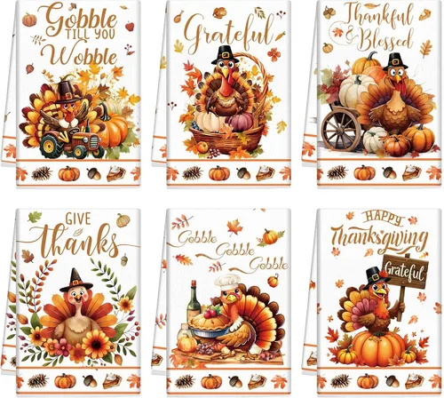 Vista 10 de Ganeen Juego de 6 toallas de mano de Acción de Gracias con texto en inglés «Hello Fall» en blanco y negro, vintage, calabaza, camión, motero