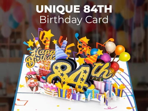 Vista 6 de iGifts And Cards Tarjeta desplegable 3D de feliz cumpleaños 84 – Diseño azul con números de purpurina, globos, pasteles y regalos – Tarjeta