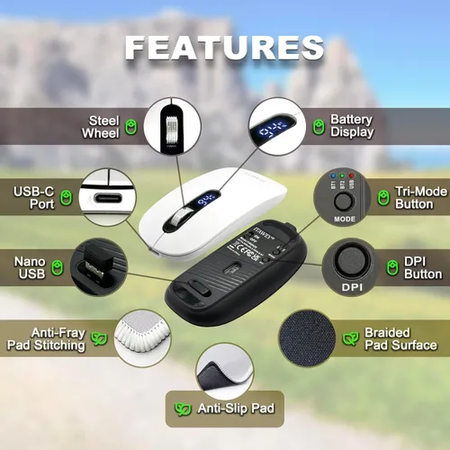 Vista 3 de Combo de mouse y almohadilla Bluetooth Dual BT/2.4G, indicador de batería LCD