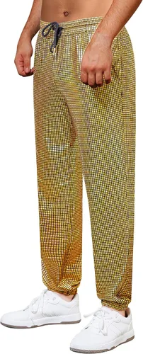 Vista 2 de WULFUL Pantalones deportivos metálicos para hombre, disfraz de discoteca de los años 70, con lentejuelas