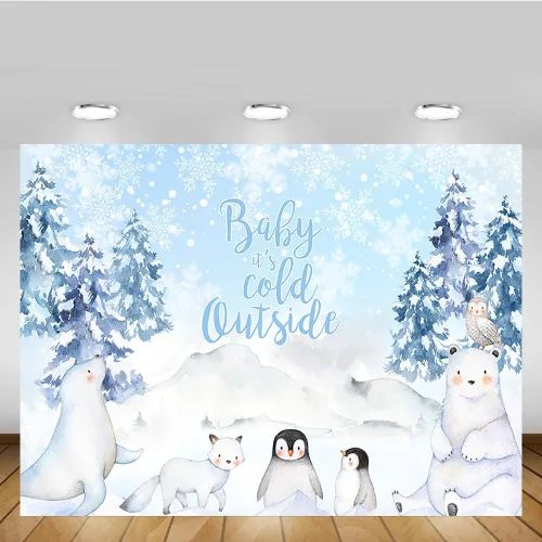 Vista 5 de MEHOFOND Telón de fondo de invierno de 7 x 5 pies para baby shower, fondo exterior con acuarela azul, animales árticos, pingüino, baby shower