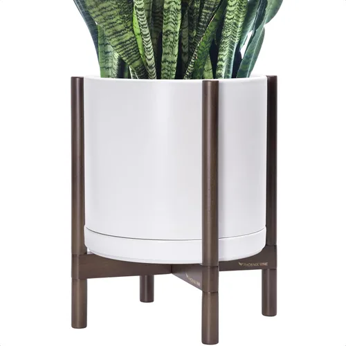 Vista 18 de D'vine Dev Maceta de cerámica con soporte de ébano – Maceta redonda moderna de 8 pulgadas con soporte para maceta de madera, color negro, 55-B-M-2