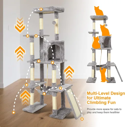 Vista 5 de Árbol grande para gatos, torre para gatos de varios niveles de 65 pulgadas de alto con postes rascadores cubiertos de sisal, condominio, hamaca