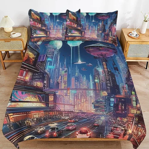 Vista 6 de Landscape Duvet Cover Full Size, Ultra Soft Microfiber Cityscape Bedding Set, 3 Pieces Night Scenery Pattern Comforter Cover Set with Zipper Closure