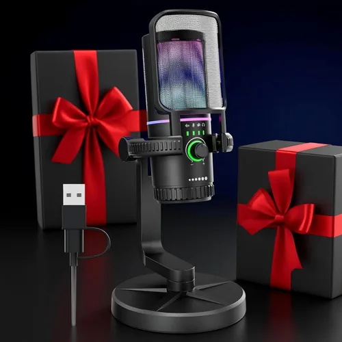 Vista 9 de Micrófono para juegos con cancelación de ruido y control de ganancia: micrófono USB para streaming, juegos, podcasts, PC, PS4, incluye filtro pop