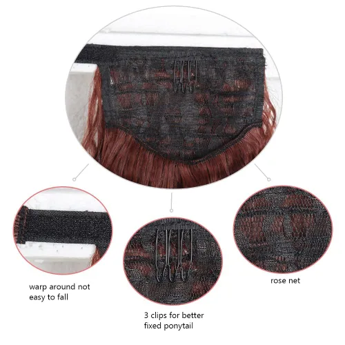 Vista 6 de Extensiones de cola de caballo caoba, cola de caballo rizada con clip, 22 pulgadas, 3.5 onzas, extensión de cabello sintético negro, extensión
