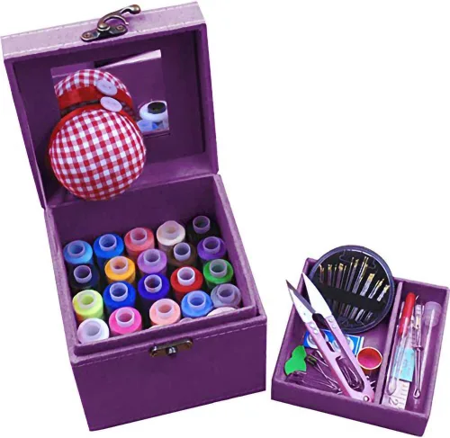 Vista 3 de Kits de costura de 2 capas con caja vintage, accesorios de costura, kits de suministros para adultos, niños, principiantes, cesta de costura de Azul