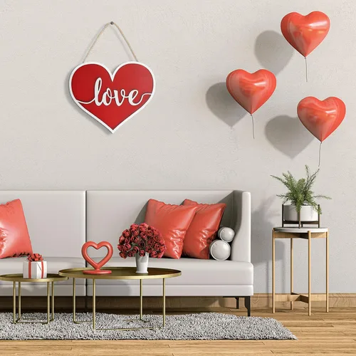 Vista 4 de Letrero colgante de madera 3D para decoración de puerta de San Valentín Corazón rojo para decoraciones de San Valentín o decoración de pared