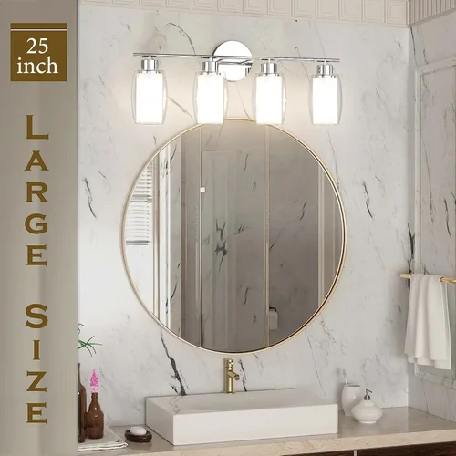 Vista 7 de Aipsun Lámpara de baño con 4 luces, luces cromadas arriba y abajo, modernas luces de bahthroom con vidrio transparente y vidrio esmerilado, luces