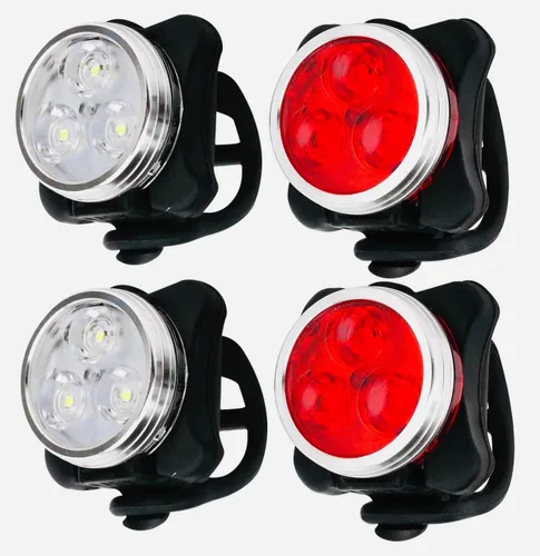 Vista 9 de Juego de luces para bicicleta recargables USB, faro delantero LED y luz trasera, luz de bicicleta impermeable, 4 modos, silicona y plástico, LED