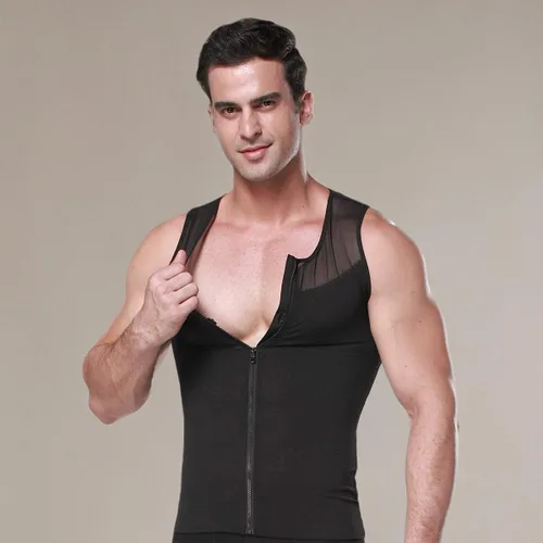 Vista 4 de BaronHong Camisa original de compresión de pecho con cremallera para hombre para ocultar ginecomastia Moobs Negro