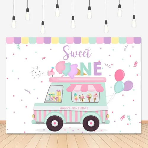 Vista 7 de Lofaris Telón de fondo para tienda de helados con texto en inglés «Happy Birthday» Sweet One Summer Baby Girls Party Photography Background 1st
