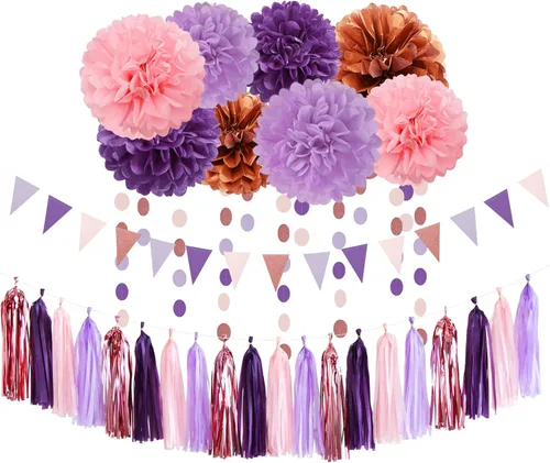 Vista 10 de Decoraciones de Fiesta de Halloween Negro-Morado Naranja Verde - 30 piezas Pompones de Papel Tissue, Serpentinas, Guirnalda de Borlas, Pancarta
