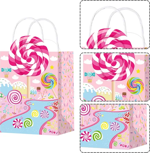 Vista 5 de C L cooper life 12 bolsas de regalo de fiesta de Candyland con asas, bolsas de regalo para fiestas temáticas de piruletas, suministros para fiesta
