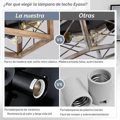 Vista 3 de eyassi Luces de Techo de Montaje Empotrado de Madera, Luminarias de Techo Estilo Granja de 4 Luces Cerca del Techo, Lámpara de Techo Negra para Isla