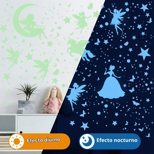Vista 5 de Decoración de dormitorio de unicornio con estrellas que brillan en la oscuridad para niñas, calcomanías de pared de mariposa de hadas, calcomanías