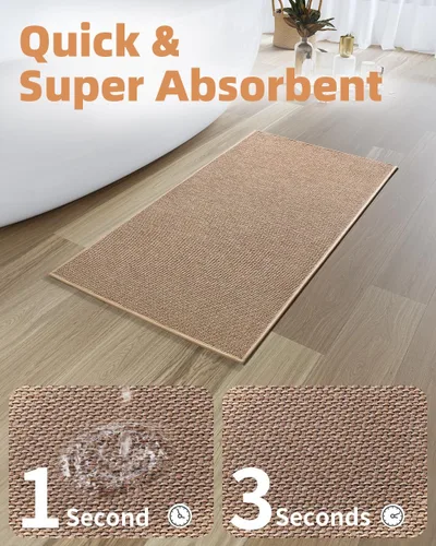 Vista 3 de PADOOR Alfombra de baño antideslizante con parte trasera de goma, trenzada absorbente, lavable a máquina, fina alfombra para suelo de baño, de Beige