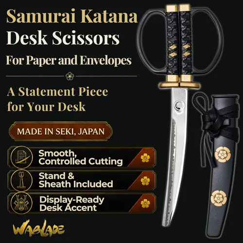 Vista 2 de Wablade Samurai - Tijeras Katana de 7.29 pulgadas para papel y sobres, fabricadas en Japón Smooth, controlled cutting and balanced handling; stand