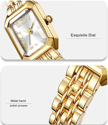 Vista 5 de Relojes para mujer, caja rectangular vintage, banda de acero inoxidable, reloj de pulsera para mujer, números romanos simples, resistente al agua