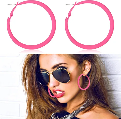 Vista 6 de Neon Hoop Earrings for Women Big Hoops Retro 80s 90s earrings for women for Halloween Glow Party Outfits Y2k Jewelry Accessories
