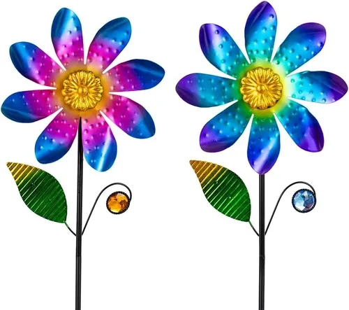 Vista 15 de Viveta Paquete de 2 molinos de viento de jardín, molino de viento de metal de flores de 35.4 pulgadas, escultura de viento rosa y azul, molinetes