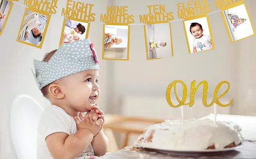 Vista 5 de Cartel de fotos de bebé de primer cumpleaños para recién nacido a 12 meses, con pancarta para silla alta, guirnalda de fotos de hitos mensuales