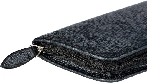 Vista 4 de Lanxivi Funda de piel auténtica para pluma estilográfica con 3 ranuras divididas, color negro, estuche con cremallera para bolígrafo, soporte