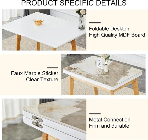 Vista 5 de Mesa de piedra sinterizada de imitación mármol blanco con patas de madera de goma, escritorio plegable para computadora, escritorio de oficina