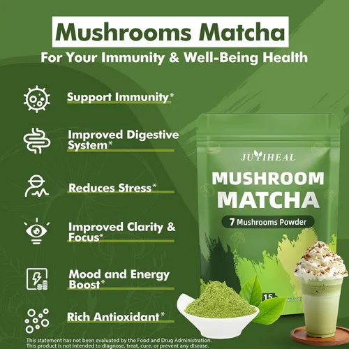 Vista 4 de JUYIHEAL Matcha de hongos Matcha ceremonial japonés infundido con 7 hongos superalimentos, aceite MCT, leche de coco en polvo Energía, enfoque