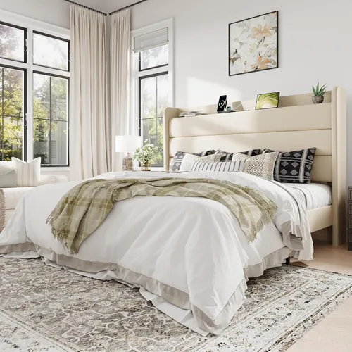 Vista 10 de Allewie Estructura de Cama Tapizada Tamaño Full con Estación de Carga y Cabecera con Almacenamiento, Cama Plataforma de Terciopelo Suave