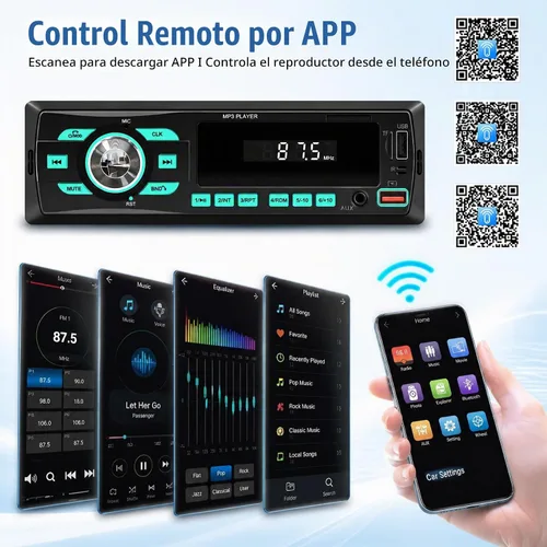 Vista 4 de Radio de coche Bluetooth Single DIN Audio estéreo para automóvil, audio para automóvil con Bluetooth dual y control de aplicaciones, compatible