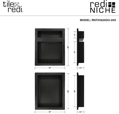 Vista 3 de Redi Niche - Estante de ducha empotrado triple nicho negro, tres estantes interiores, 32 pulgadas de ancho x 20 pulgadas de alto x 4 pulgadas