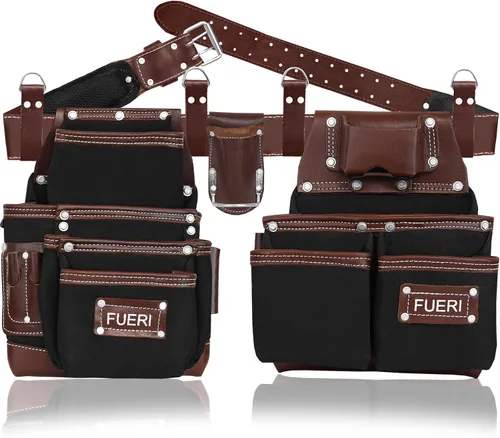Vista 14 de Cinturón de herramientas de cuero chocolate para hombres con funda de doble martillo, viene con bolsas de herramientas, cinturón no acolchado