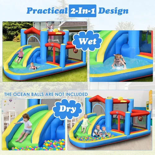 Vista 2 de BOUNTECH Tobogán acuático inflable, casa hinchable para niños de 5 a 12 años, para fiestas en interiores y exteriores, con soplador de 480 W, bolas