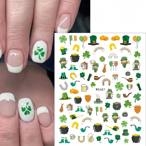 Vista 4 de 7 hojas de calcomanías de uñas del día de San Patricio para arte de uñas, calcomanías autoadhesivas 3D de trébol verde, diseño de uñas irlandesas