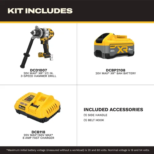 Vista 12 de DEWALT Kit de taladro de martillo inalámbrico de 1/2 pulgada MAX XR de 20 V con batería de 8 Ah y cargador (DCD1007WW1)