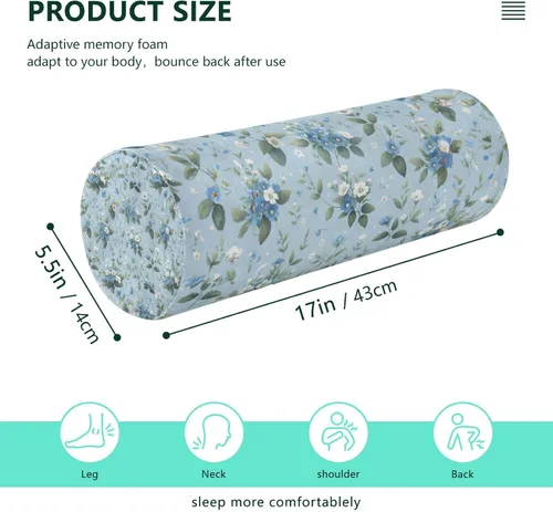 Vista 3 de Cervical Neck Roll, White Blue Flowers Round Pillow Washable Memory Foam Pillows, Bolster Pillow for Improved Sleeping, Travel, Home