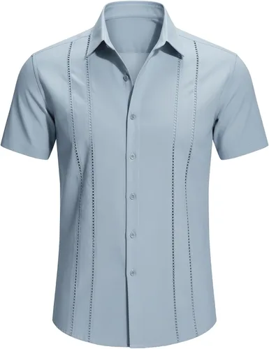 Vista 6 de Camisa elegante para hombre - Camisa de playa de lino transpirable de manga corta con botones
