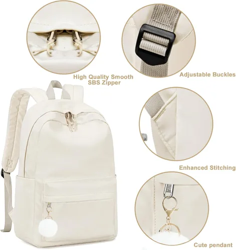 Vista 4 de Bluboon Mochila para la escuela para niños, mochila para niñas, mochila para computadora portátil, regalos para mujeres, Pelota de felpa beige