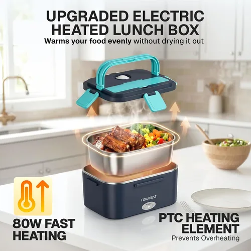 Vista 2 de FORABEST Lonchera térmica – Fiambrera eléctrica de 80 W para adultos – Calentador de alimentos portátil – Contenedores de acero inoxidable de 1.8 L