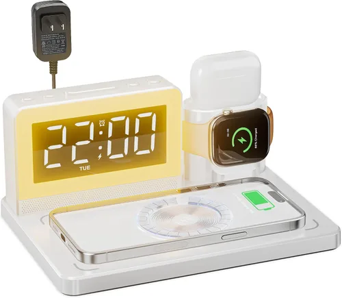 Vista 9 de Estación de carga rápida inalámbrica, reloj despertador 7 en 1 con soporte de cargador inalámbrico, base de carga para Apple, para múltiples