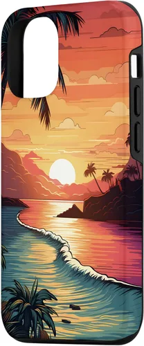 Vista 2 de Funda para iPhone 14 Sunset Beach con palmeras, colorida estética Hawaii