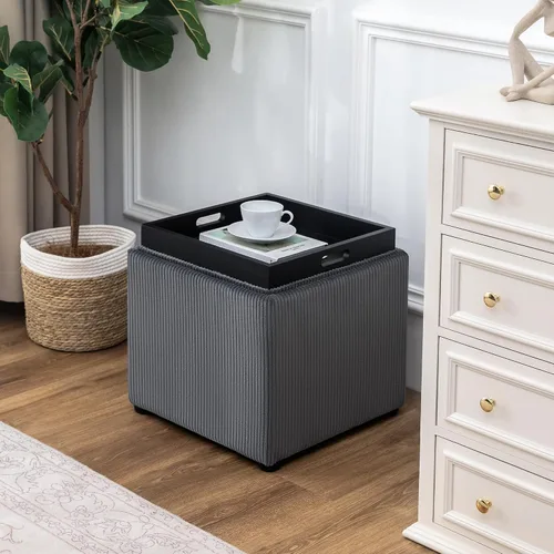 Vista 3 de Otomana Cuadrada con Almacenamiento con Bandeja, Pequeño Taburete de Reposapiés de Corderito, Mesa de Centro para Dormitorio y Sala de Estar, Gris