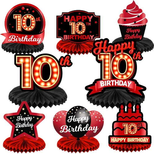 Vista 27 de Feliz 45 cumpleaños rojo y negro centros de mesa de panal de abeja decoraciones de globos decoración de mesa centros de mesa para niñas mujeres