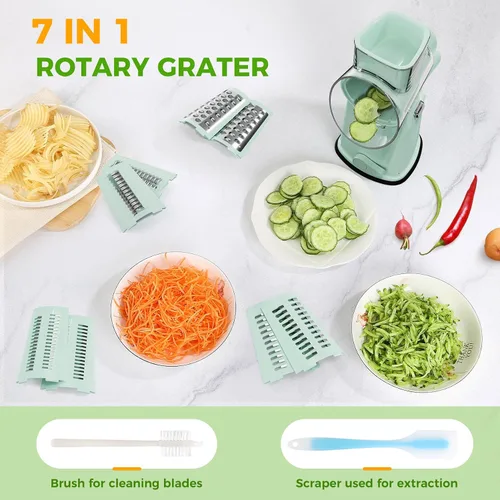 Vista 7 de Rallador de queso giratorio 7 en 1 mejorado con asa, triturador de verduras con ranura de almacenamiento incorporada, 5 cuchillas versátiles, base
