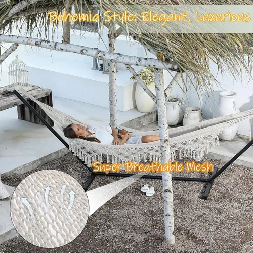 Vista 2 de ZEAN Hamaca tejida a mano con borlas de cuerda de algodón gruesa XL Hamaca para dos personas para patio exterior, jardín, playa, capacidad de 550