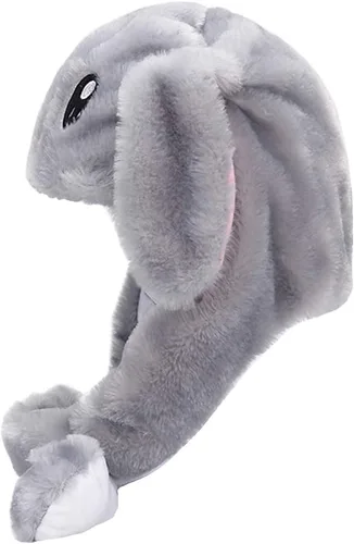 Vista 4 de Topwon - Gorro de conejo de peluche con orejas de conejo que aparecen cuando se presionan las patas, color gris