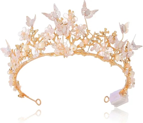 Vista 2 de Brishow Tocado de quinceañera con coronas de reina y mariposas doradas para mujer